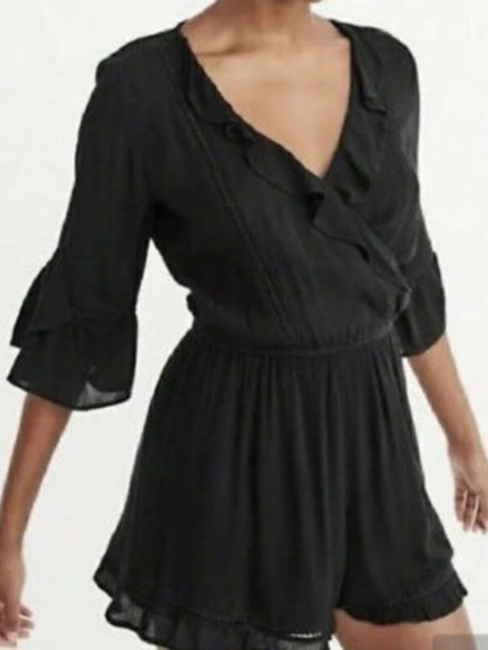 Abercrombie & Fitch SZ S Black Ruffled Deep V Neck Boho Romper Shorts Lined